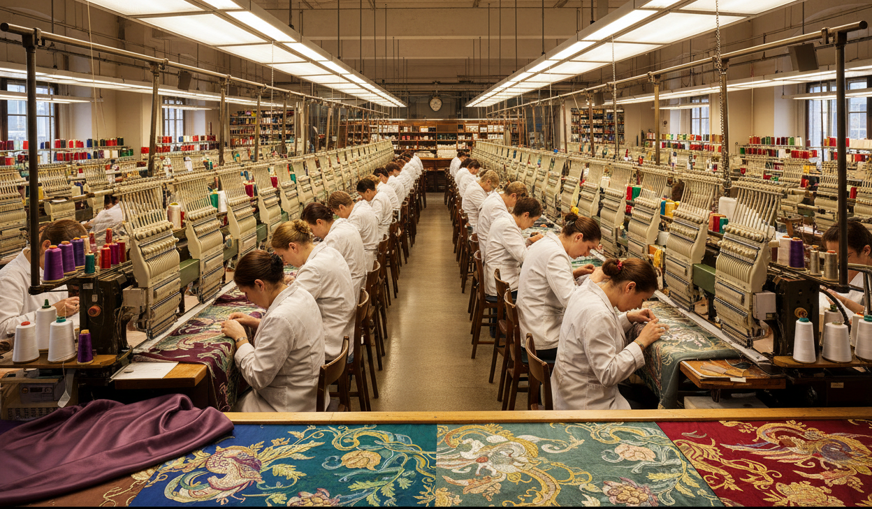 create an image of embroidery work running in factory with utmost care and precision to make best of the best design with elegance and luxury, make image that takes full width