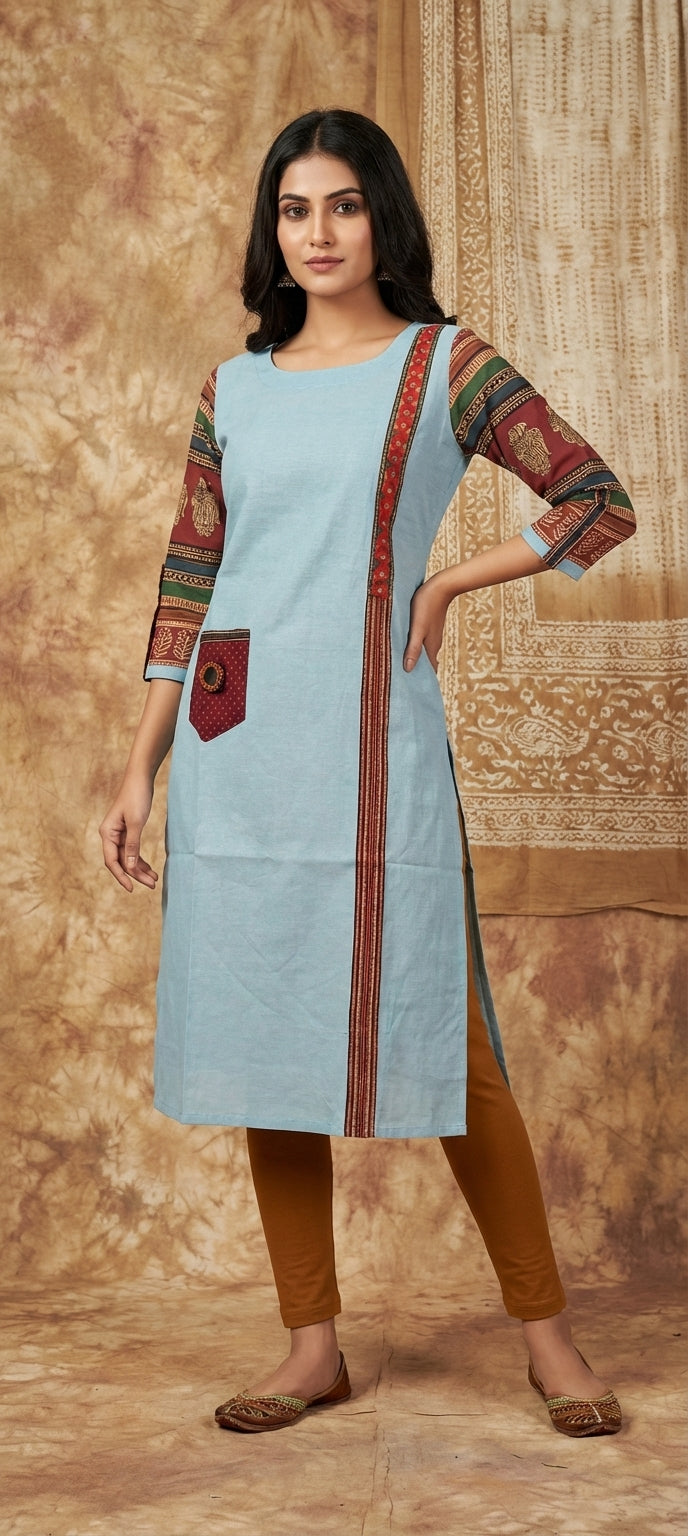 Ethnic Mirror Embroidered work Long Kurti with Contrast Sleeves-sky blue