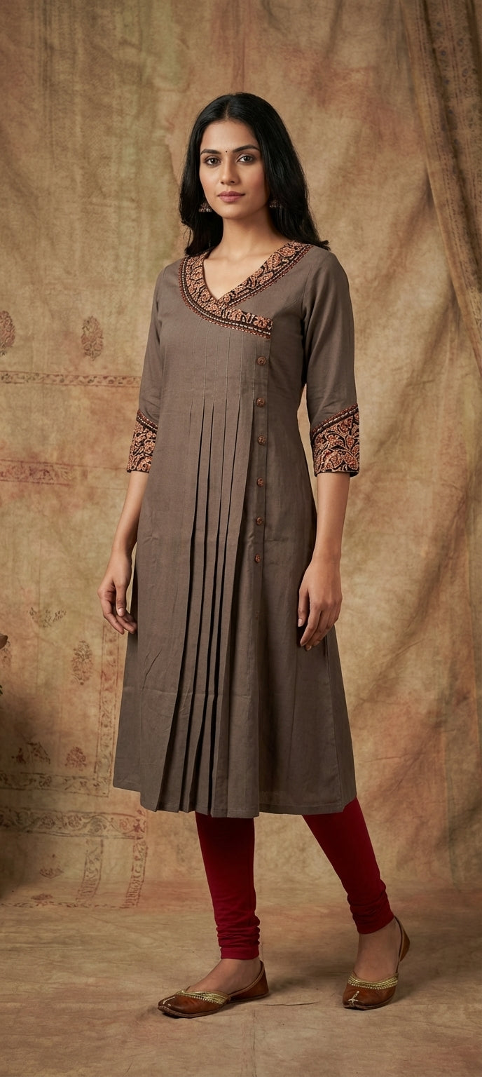 Ethnic Embroidered V-Neck Pleated Long Kurti -GRAY