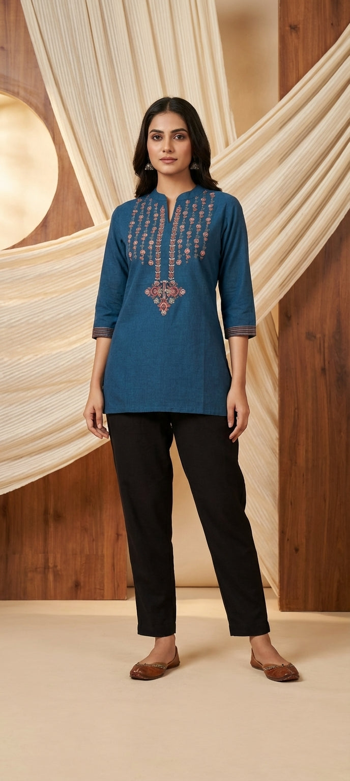 Ethnic Chinese Collar Embroidered Straight Short Kurti