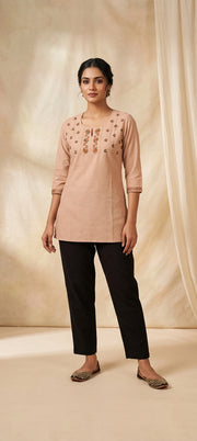 Minimal Thread Work Straight Fit Short Kurti -BEIGE