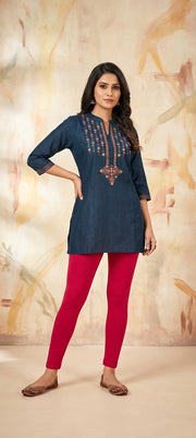 Classic Cotton Silk Short Kurti with Thread Work -TARKASI BLUE
