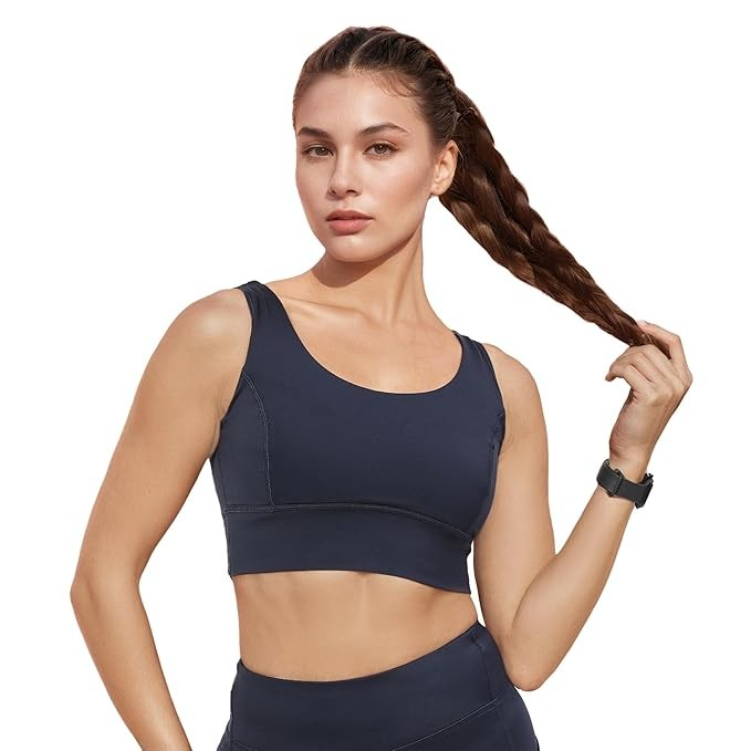 Enamor Sleeveless Crew Neck Crop Length Pull On Sports Bra for Women - Hugged Fit, Cut Away Back