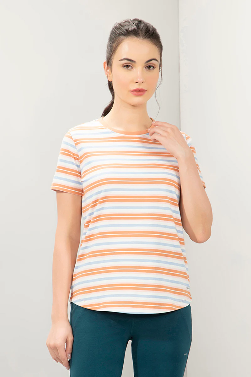 AMANTE WOMEN T-SHIRT RIBBED CREW NECK SHORT SLEEVES STRETCH COTTON FABRIC RELAXED FIT ESSENTIAL STRIPES T-SHIRT