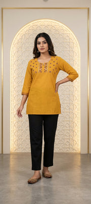 Elegant Yellow Thread Embroidered Short Kurti