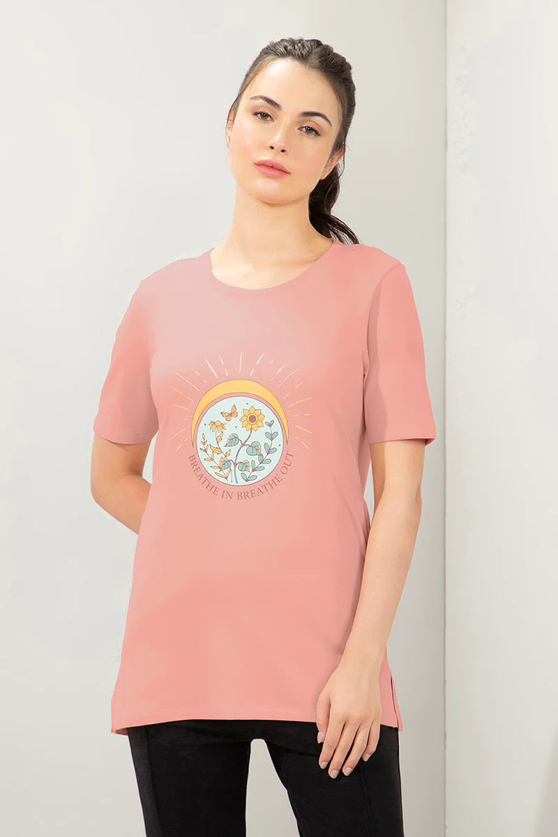 AMANTE WOMEN T-SHIRT STRETCH COTTON TERRY FABRIC A-LINE STYLING WITH RELAXED FIT, SIDE POCKET T-SHIRT