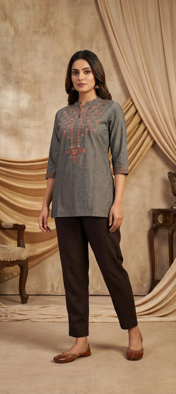 Elegant Gray Mirror & Thread Embroidered Work Short Kurti
