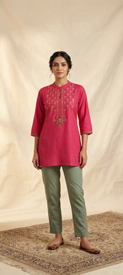 Cotton Silk Embroidered & Mirror Work Short Kurti - RANI PINK