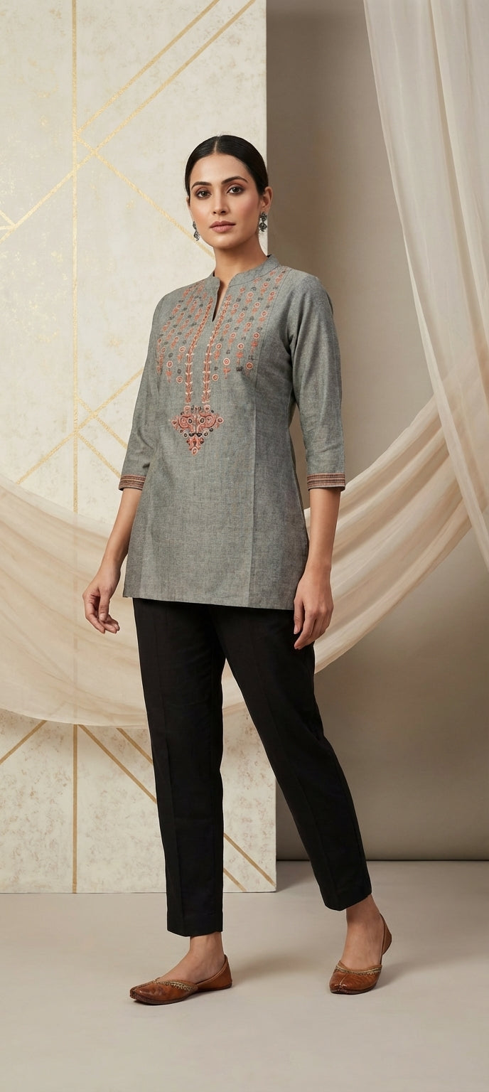 Ethnic Thread Embroidered Short Kurti with Chinese Collar