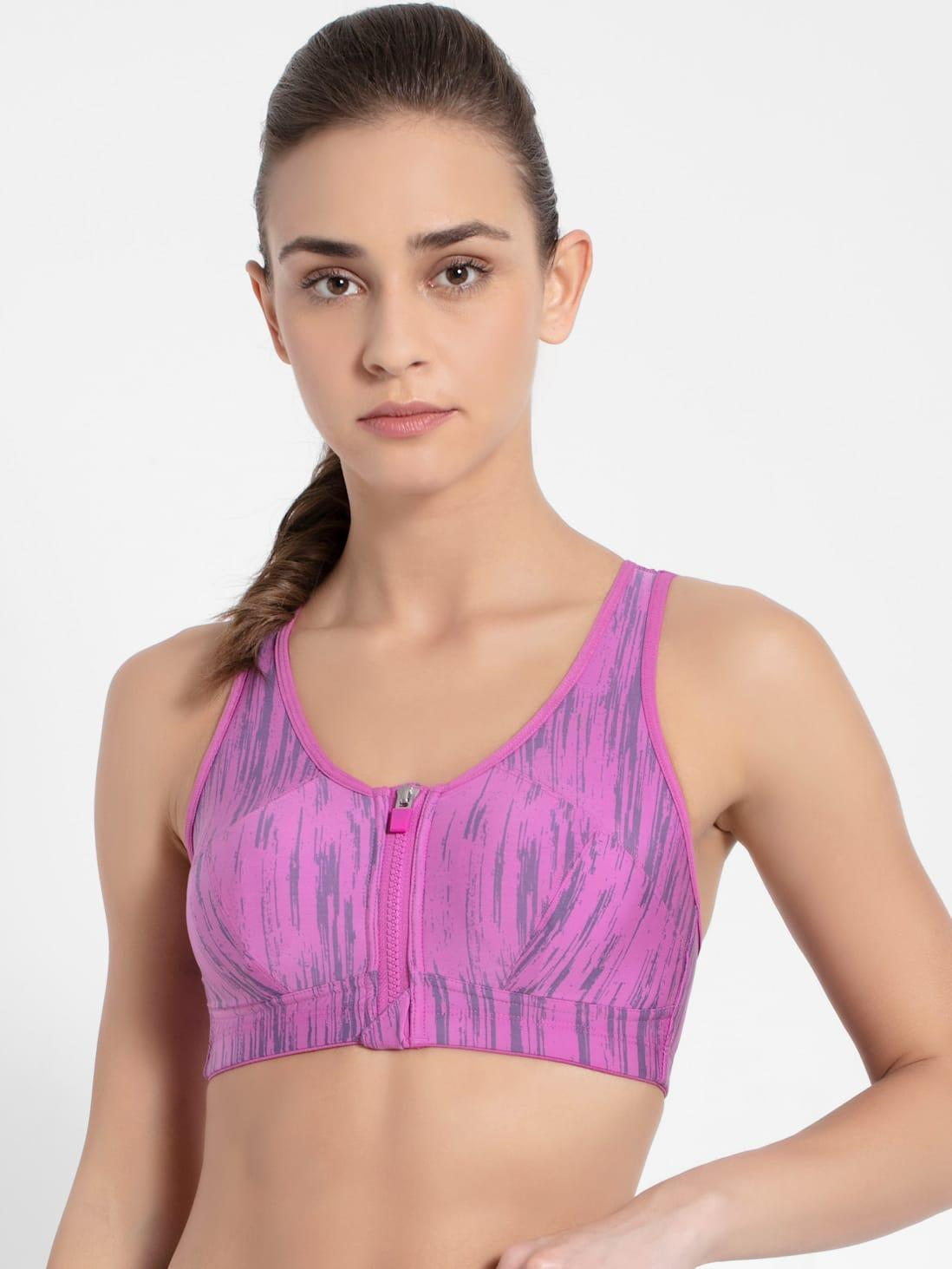 Jockey Women's Sports Bra | Wirefree | Padded | Full Coverage | Printed | Racer Back Front Zipper Styling | Microfiber Elastane Fabric
