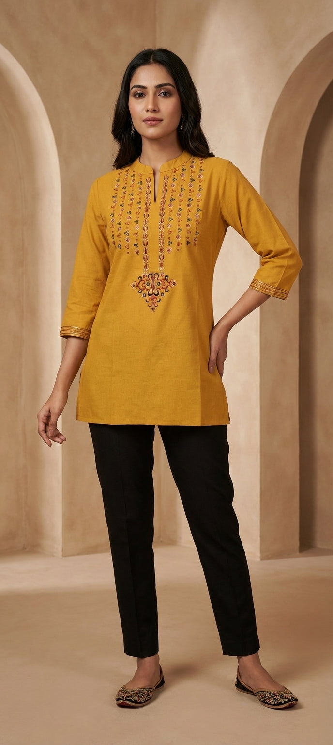 Elegant Chinese Neck Thread Work Short Kurti -YELLOW