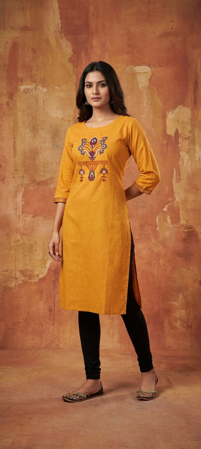 Classic Hand Thread Embroidered Long Kurti -YELLOW
