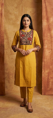 Elegant Yellow Thread Embroidery Kurti Pant Set