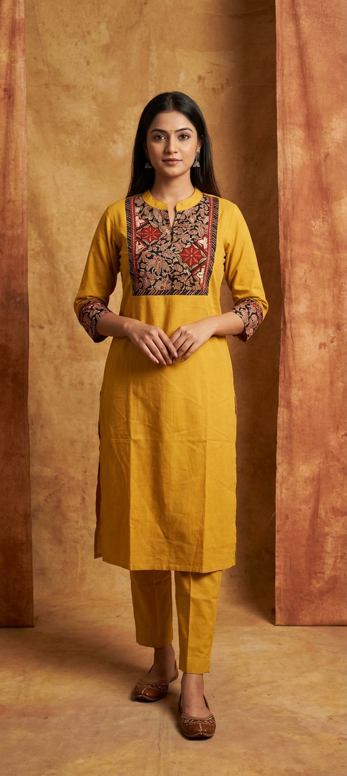 Elegant Yellow Thread Embroidery Kurti Pant Set