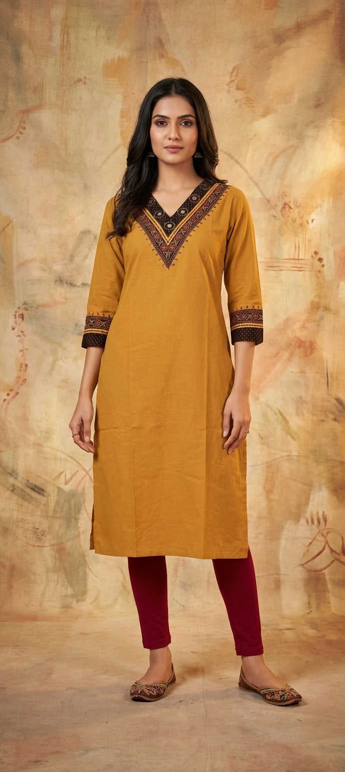 Classic V-Neck Mirror   Embroidery Work Long Kurti