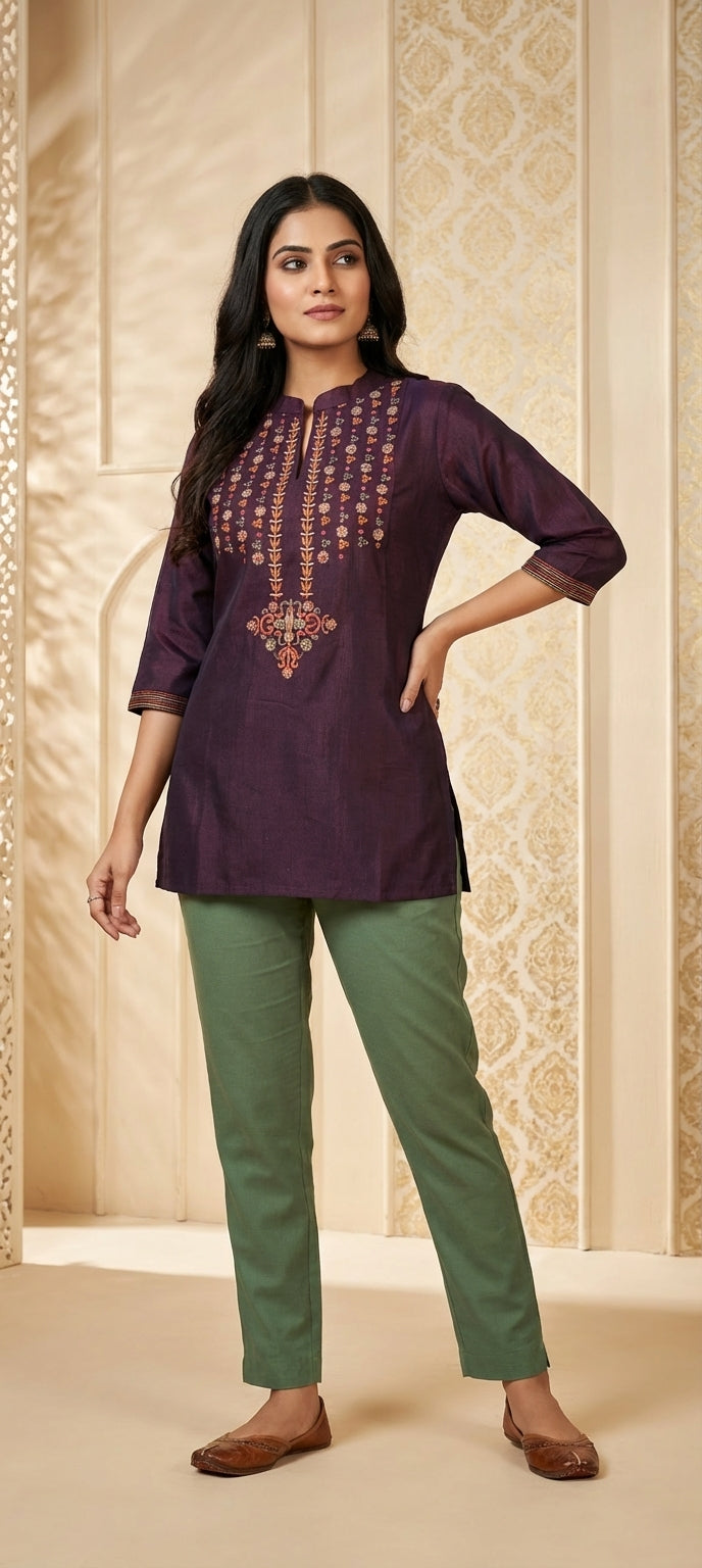 Embroidered Mirror Work Cotton Silk Short Kurti - Wine