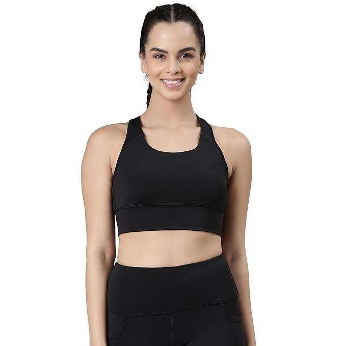 Enamor Wide Straps Seamed T-Back Basic Workout Sports Bra - Quick Dry, Antimicrobial, Removable Padding, Non-Wired, Full Coverage