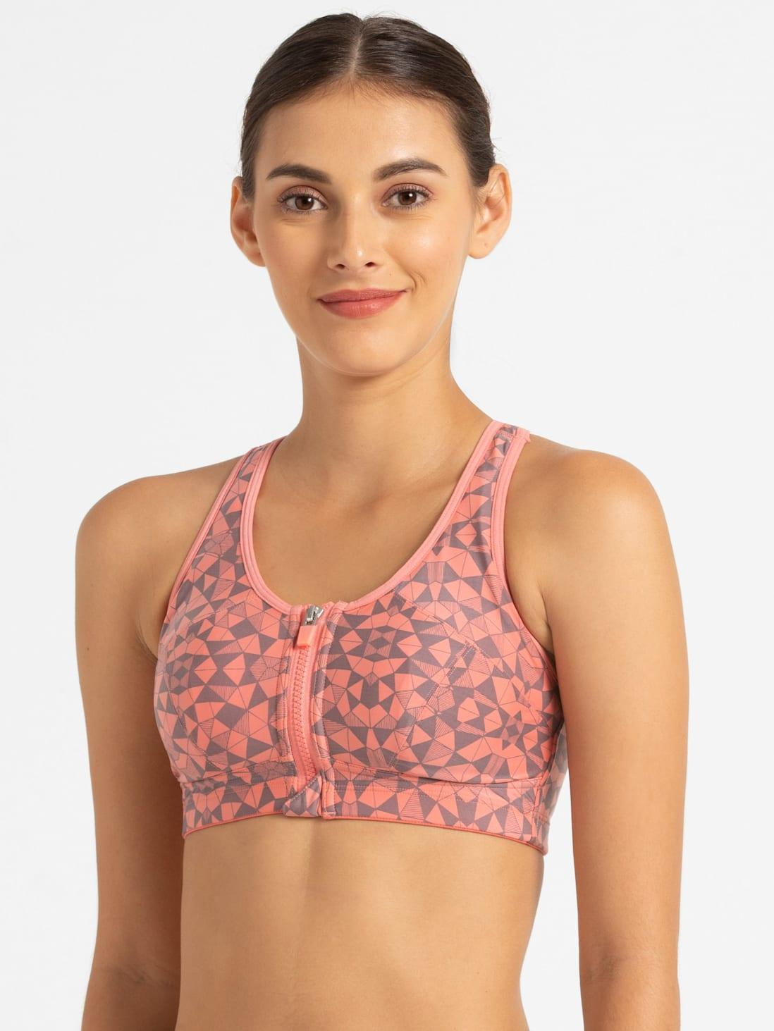 Jockey Women's Sports Bra | Wirefree | Padded | Full Coverage | Printed | Racer Back Front Zipper Styling | Microfiber Elastane Fabric