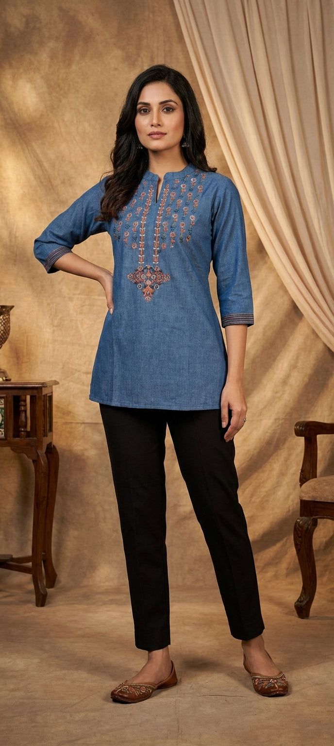 Denim Blue Chinese Collar Mirror & Thread  Embroidered Work Short Kurti