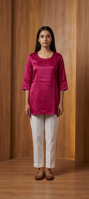 Premium Plain Gaji Silk Short Kurti - RANI PINK