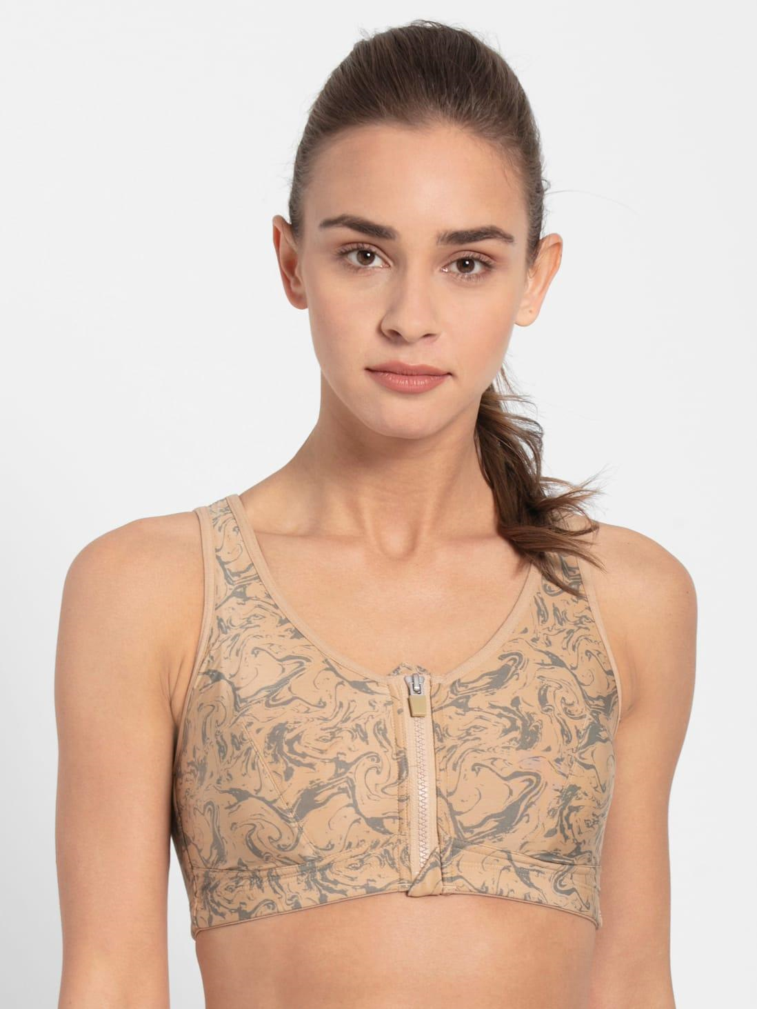 Jockey Women's Sports Bra | Wirefree | Padded | Full Coverage | Printed | Racer Back Front Zipper Styling | Microfiber Elastane Fabric