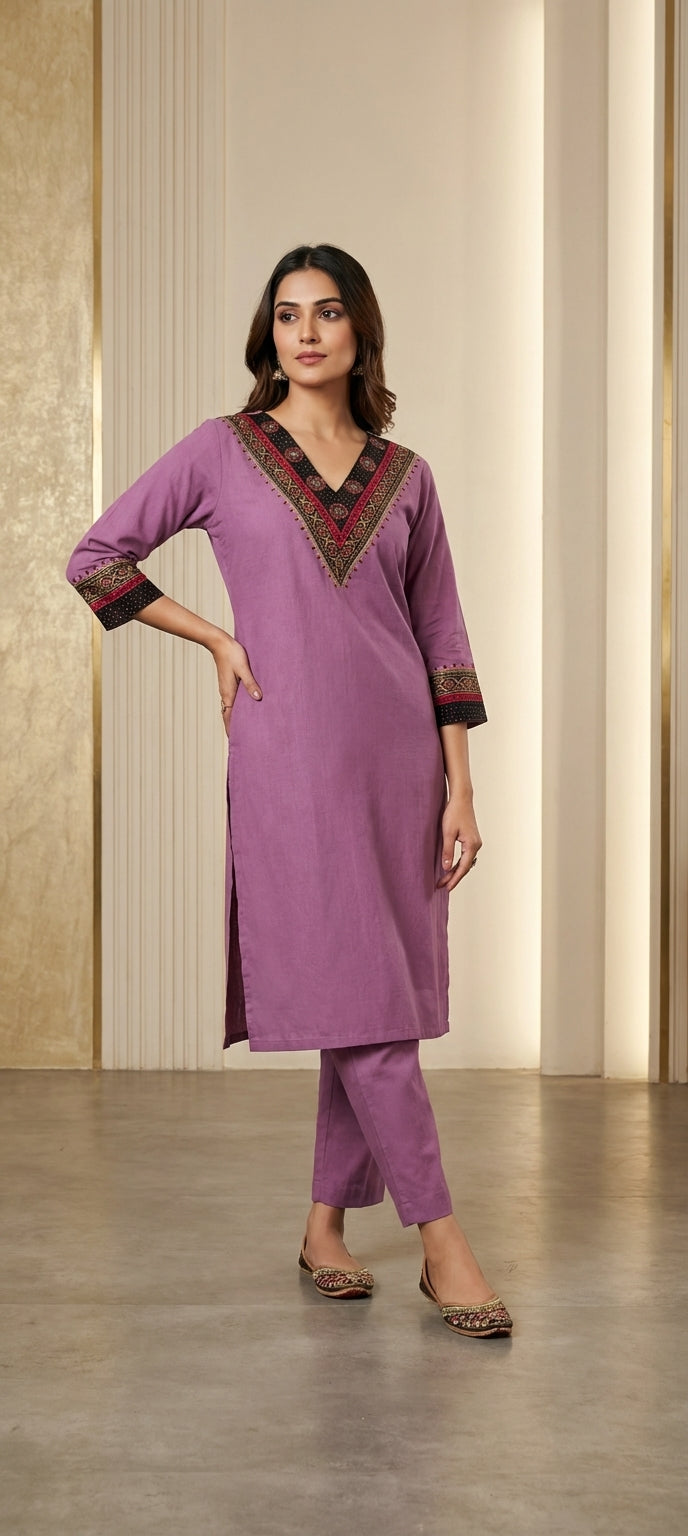 Classic V-Neck Mirror Embroidered Kurti Pant Set for Women