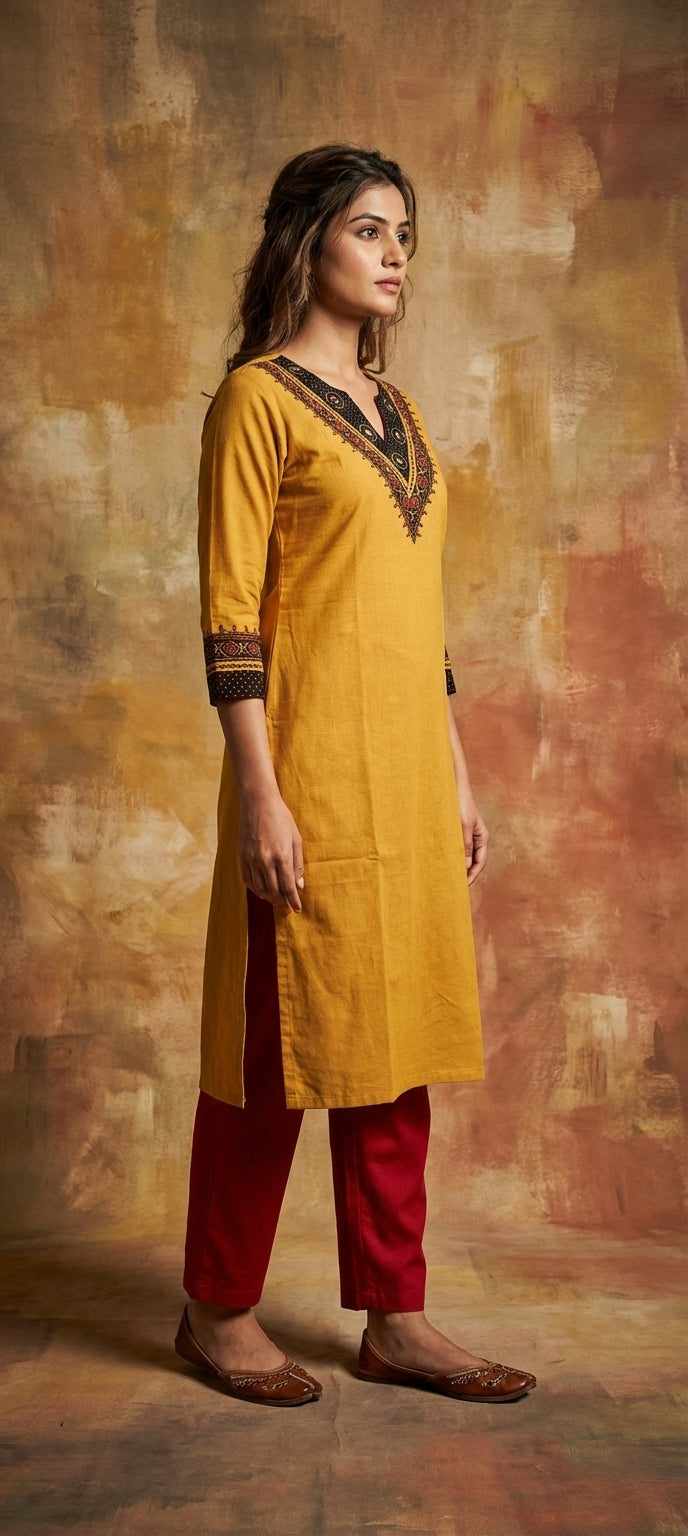 Classic V-Neck Mirror   Embroidery Work Long Kurti