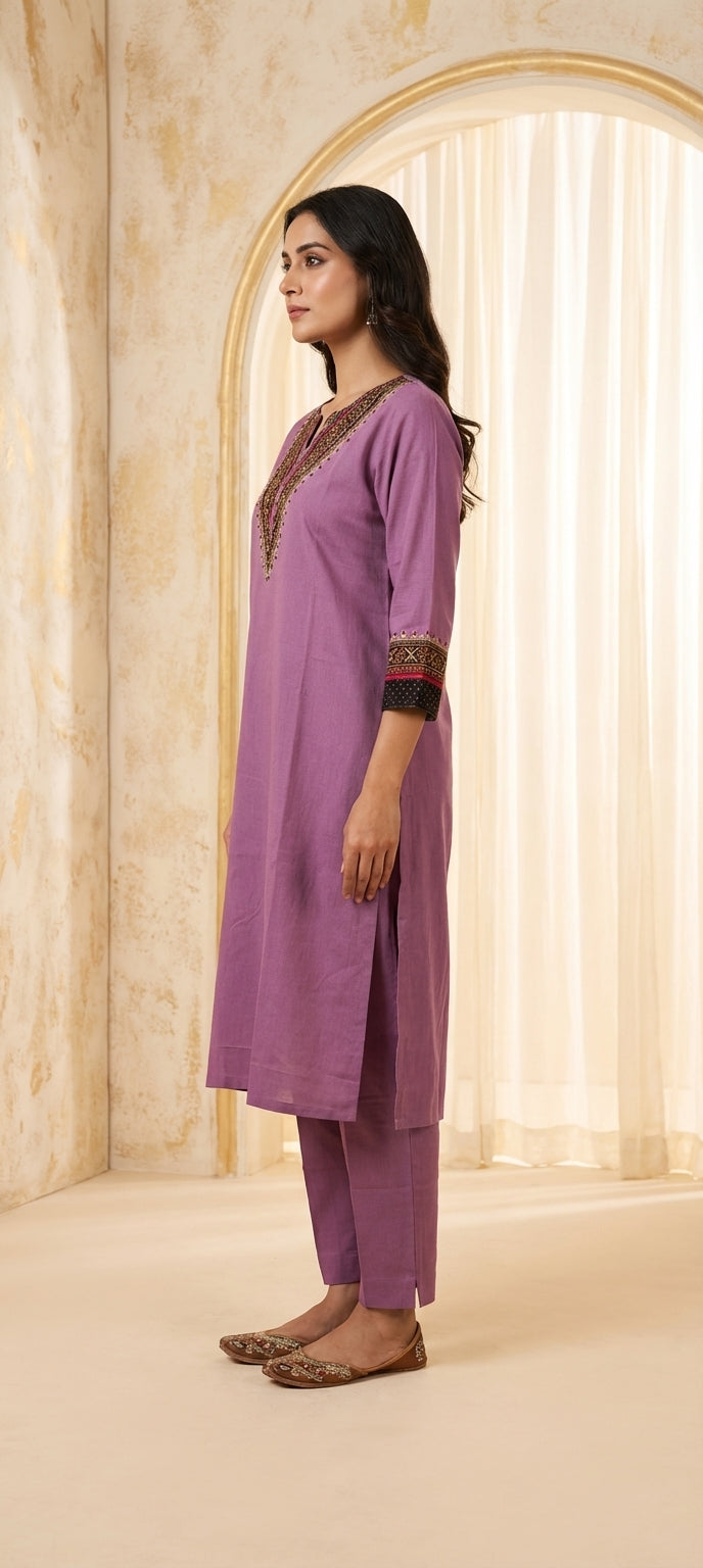 Classic V-Neck Mirror Embroidered Kurti Pant Set for Women