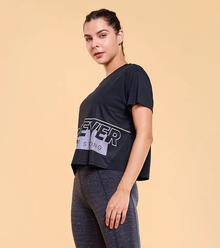 ENAMORE WOMEN T-SHIRTS TYPOGRAPHIC PRINTED DROP SHOULDER SLEEVES RELAXED FIT CROP T-SHIRT