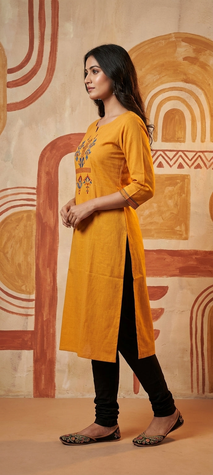 Classic Hand Thread Embroidered Long Kurti -YELLOW