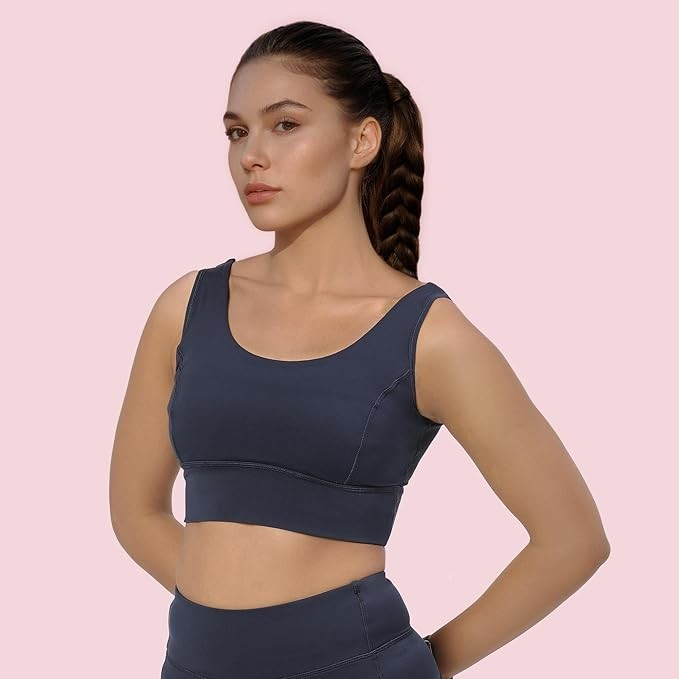 Enamor Sleeveless Crew Neck Crop Length Pull On Sports Bra for Women - Hugged Fit, Cut Away Back