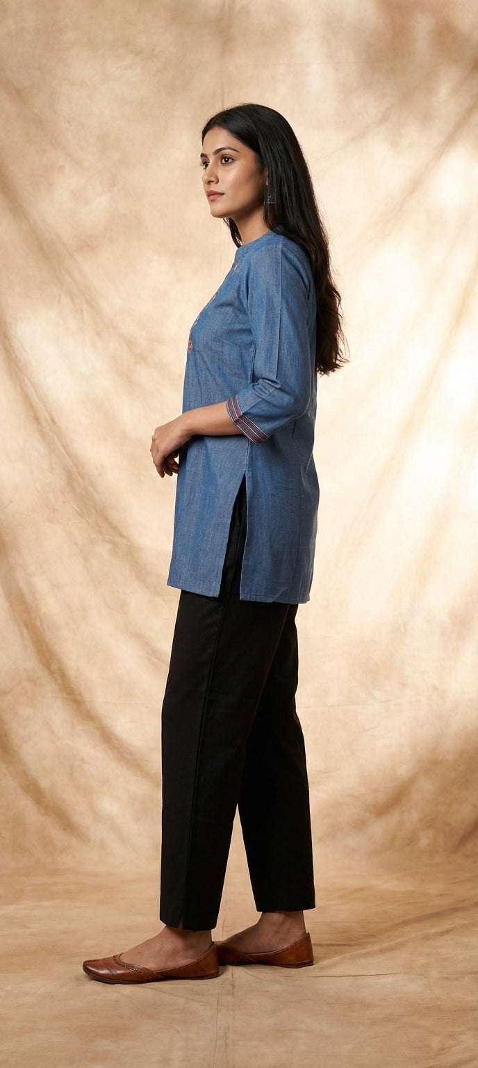 Denim Blue Chinese Collar Mirror & Thread  Embroidered Work Short Kurti