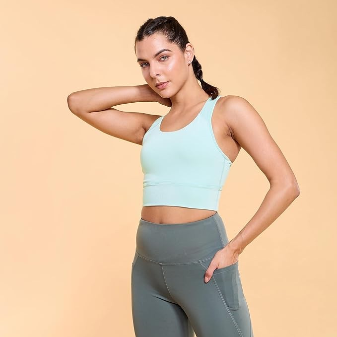 Enamor Wide Straps Seamed T-Back Basic Workout Sports Bra - Quick Dry, Antimicrobial, Removable Padding, Non-Wired, Full Coverage