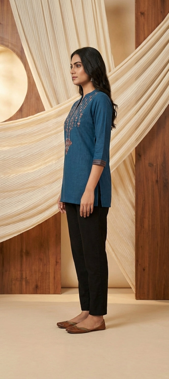 Ethnic Chinese Collar Embroidered Straight Short Kurti