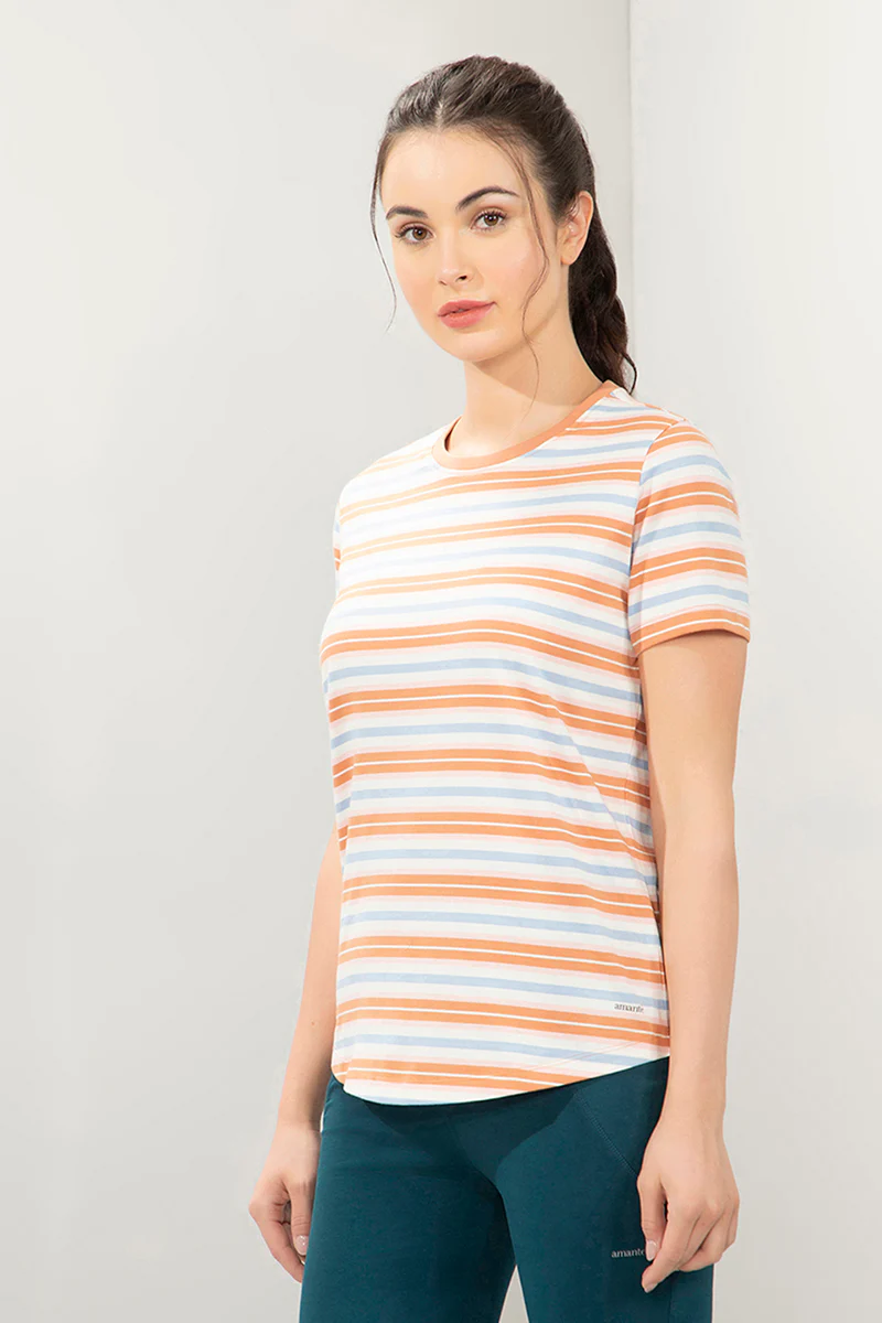 AMANTE WOMEN T-SHIRT RIBBED CREW NECK SHORT SLEEVES STRETCH COTTON FABRIC RELAXED FIT ESSENTIAL STRIPES T-SHIRT