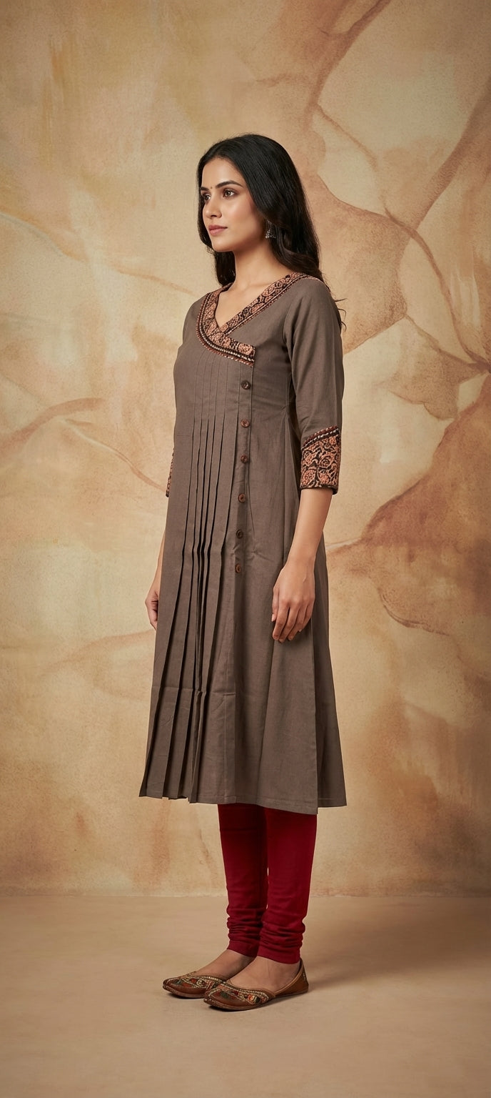 Ethnic Embroidered V-Neck Pleated Long Kurti -GRAY