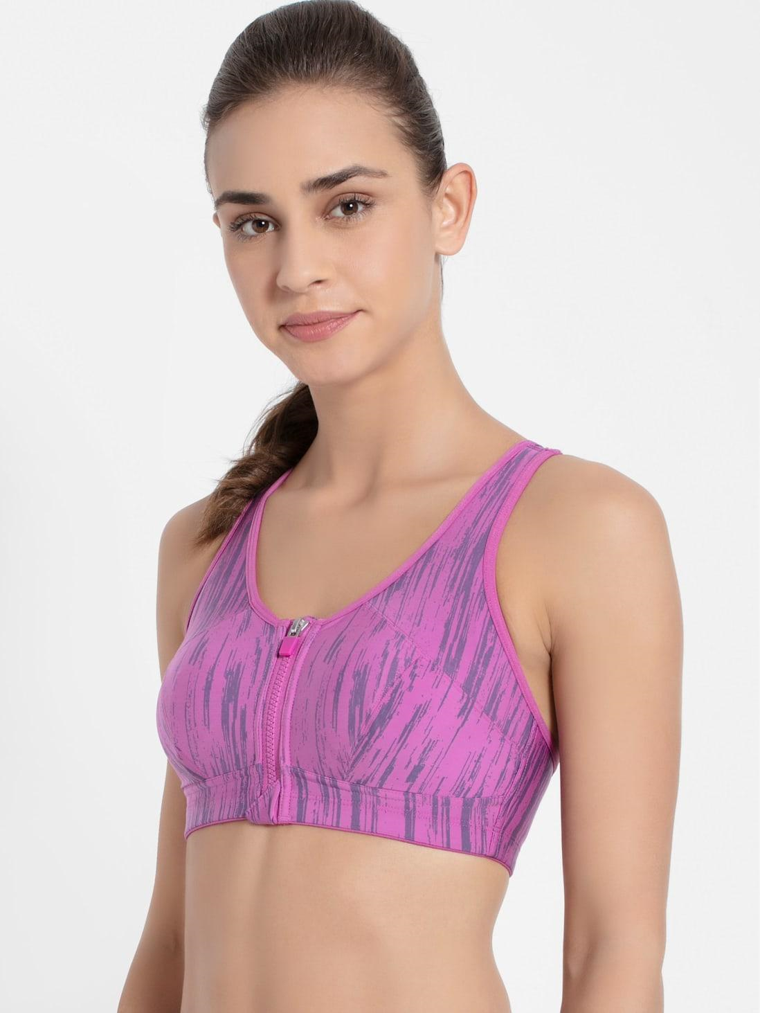 Jockey Women's Sports Bra | Wirefree | Padded | Full Coverage | Printed | Racer Back Front Zipper Styling | Microfiber Elastane Fabric