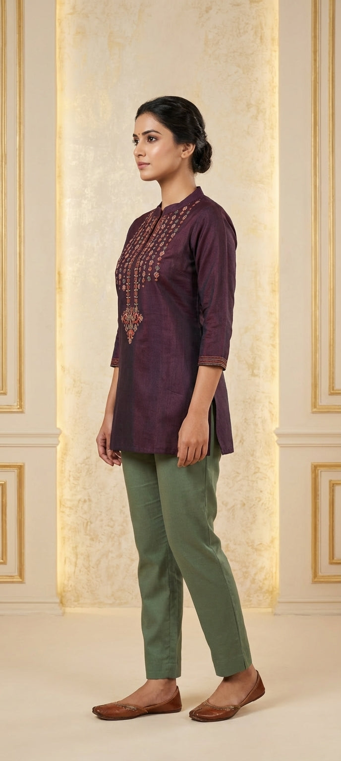 Embroidered Mirror Work Cotton Silk Short Kurti - Wine