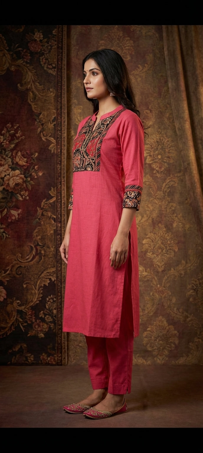 Cotton Blend Embroidered Neck Kurti with Pant Set
