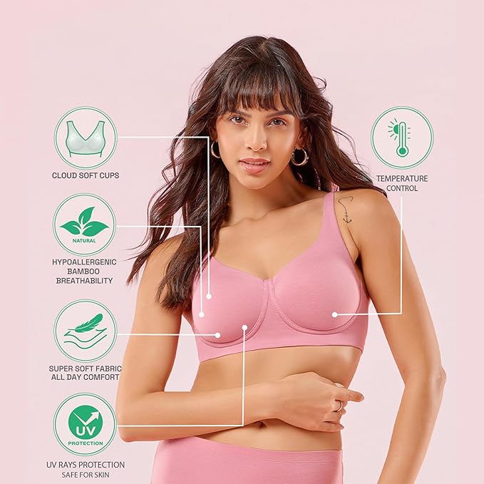 Enamor Women Cotton Innovations Bamboo Bliss,Plunge,Super Soft,Everyday T-Shirt Bra-Naturally Absorbent & Antimicrobial,Padded,Wirefree,High Coverage
