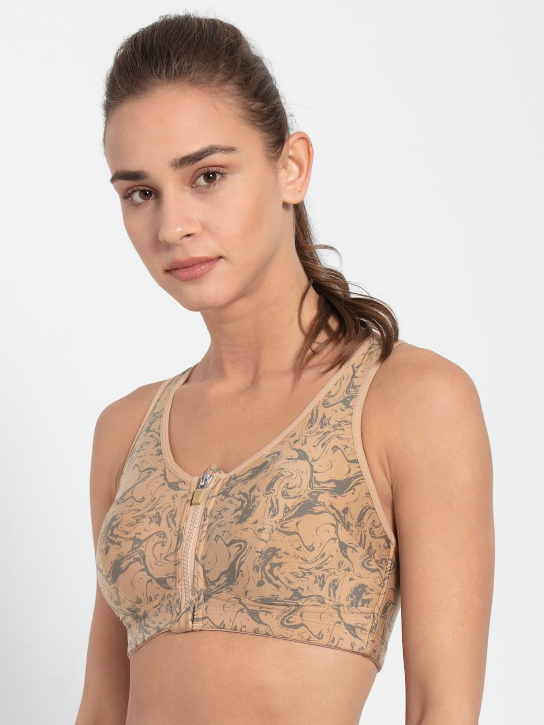 Jockey Women's Sports Bra | Wirefree | Padded | Full Coverage | Printed | Racer Back Front Zipper Styling | Microfiber Elastane Fabric