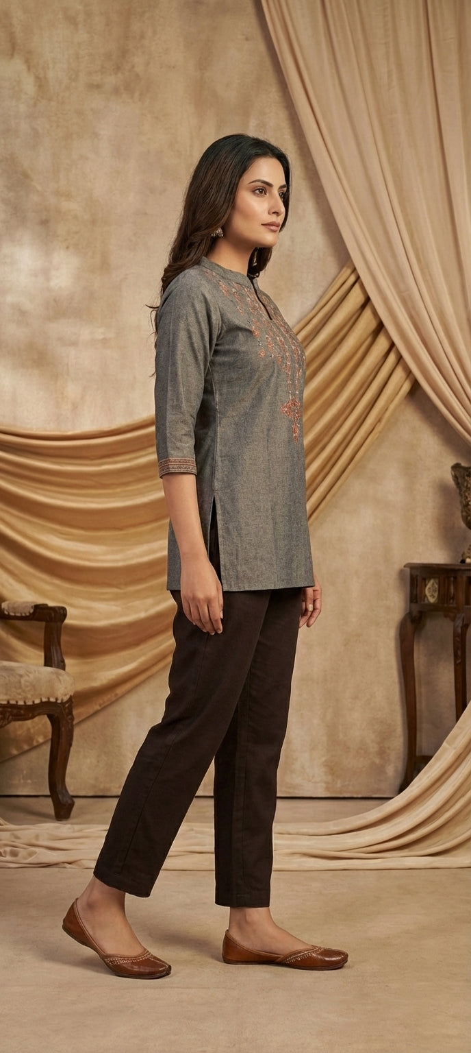 Elegant Gray Mirror & Thread Embroidered Work Short Kurti