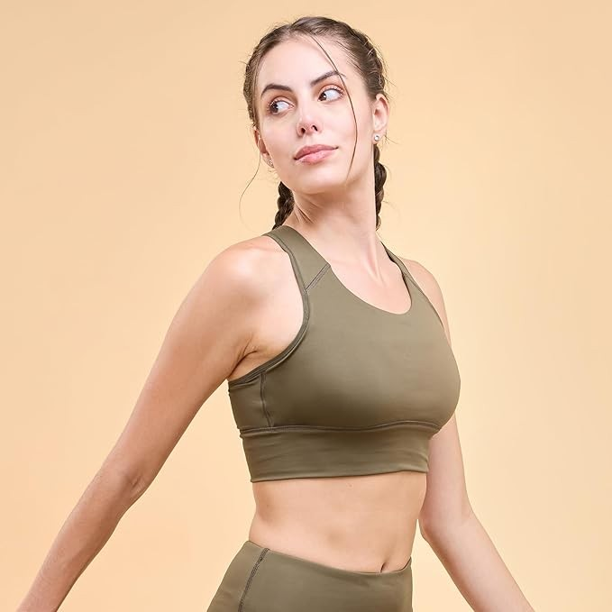 Enamor Wide Straps Seamed T-Back Basic Workout Sports Bra - Quick Dry, Antimicrobial, Removable Padding, Non-Wired, Full Coverage