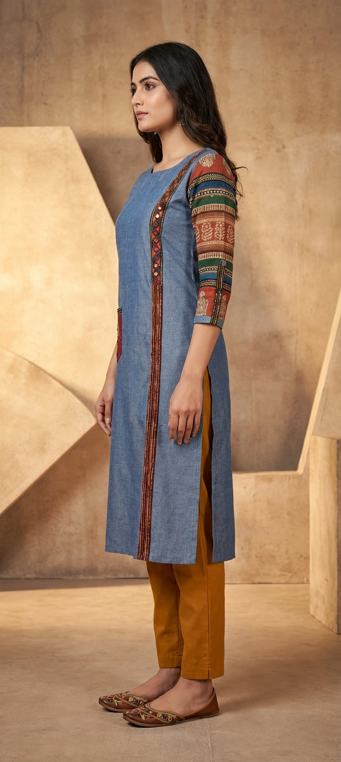 Classic Embroidered Mirror Work Straight Long Kurti -Light Denim Blue