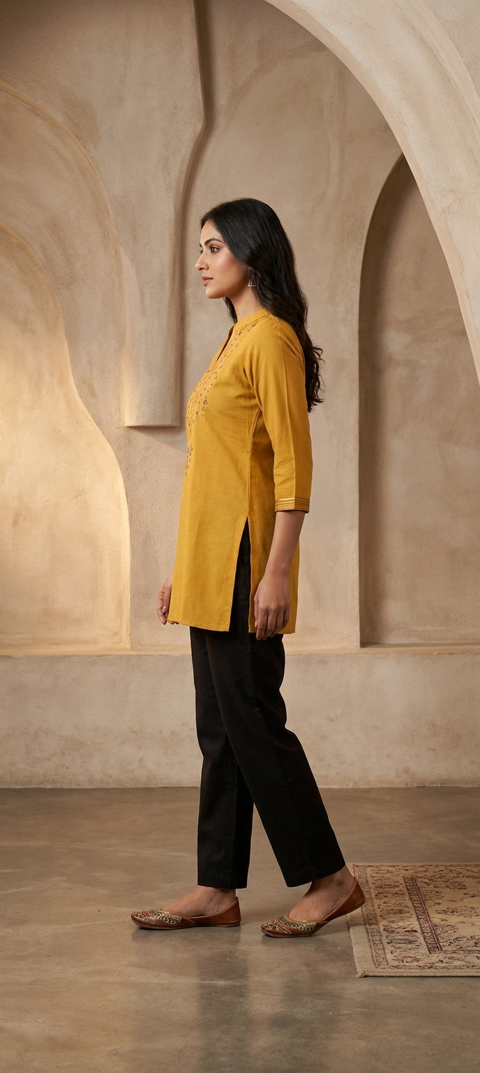 Elegant Chinese Neck Thread Work Short Kurti -YELLOW