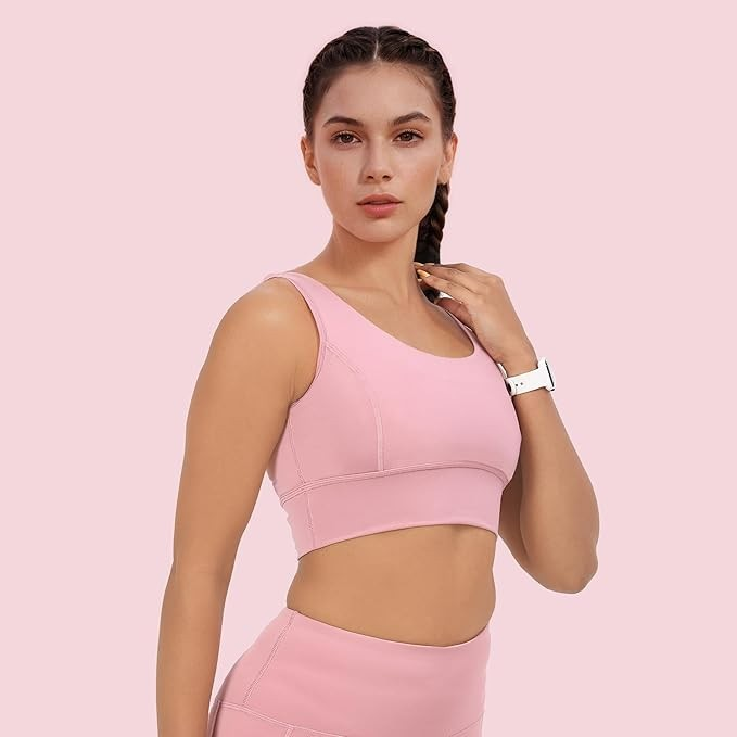 Enamor Sleeveless Crew Neck Crop Length Pull On Sports Bra for Women - Hugged Fit, Cut Away Back