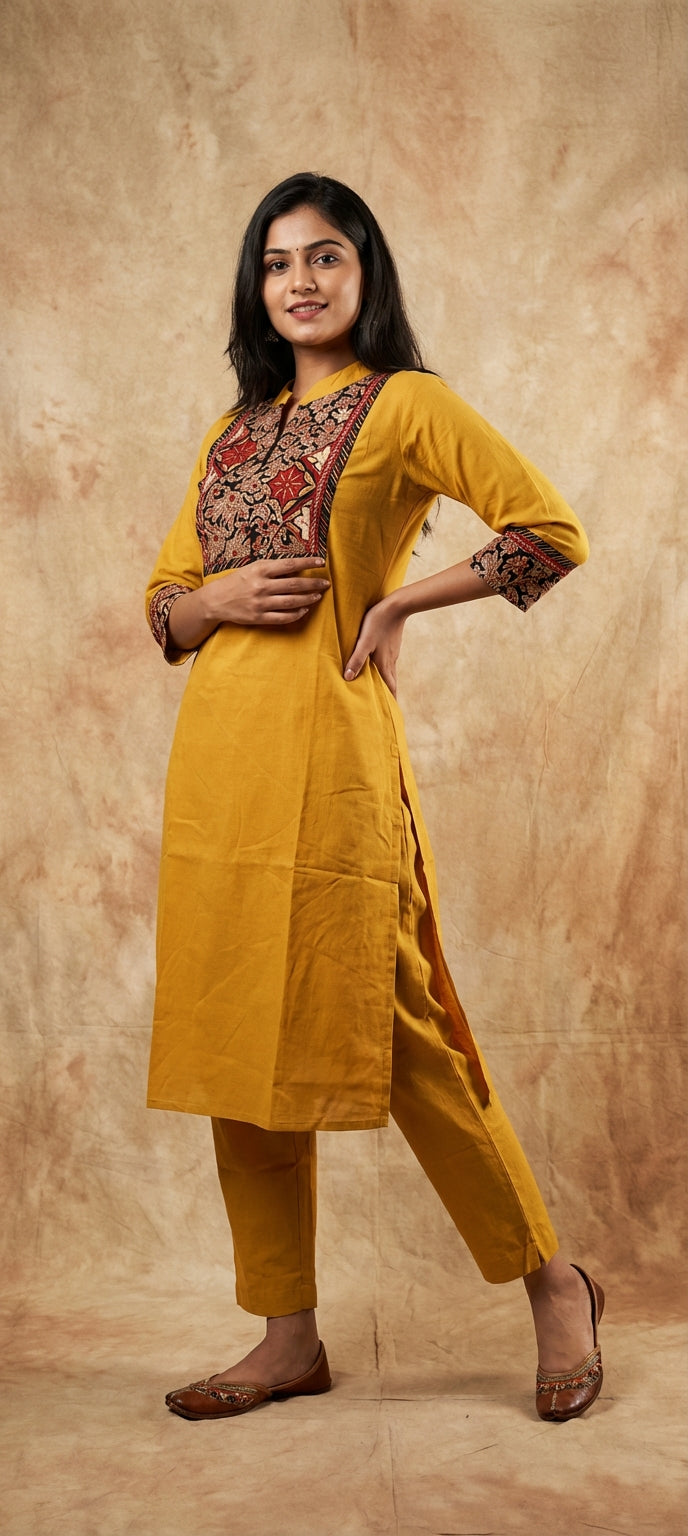 Elegant Yellow Thread Embroidery Kurti Pant Set
