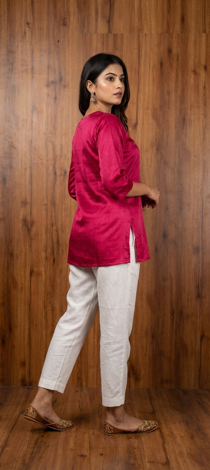 Premium Plain Gaji Silk Short Kurti - RANI PINK