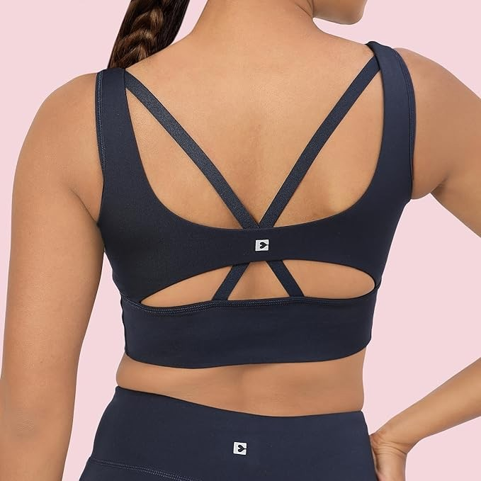 Enamor Sleeveless Crew Neck Crop Length Pull On Sports Bra for Women - Hugged Fit, Cut Away Back