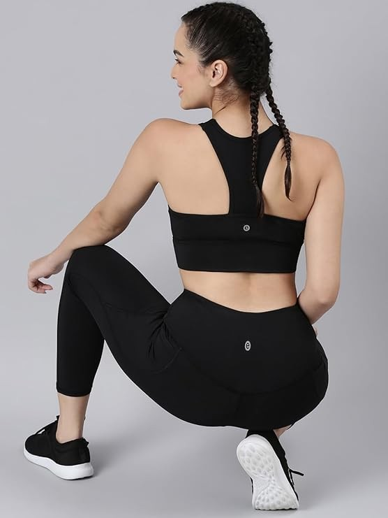 Enamor Wide Straps Seamed T-Back Basic Workout Sports Bra - Quick Dry, Antimicrobial, Removable Padding, Non-Wired, Full Coverage